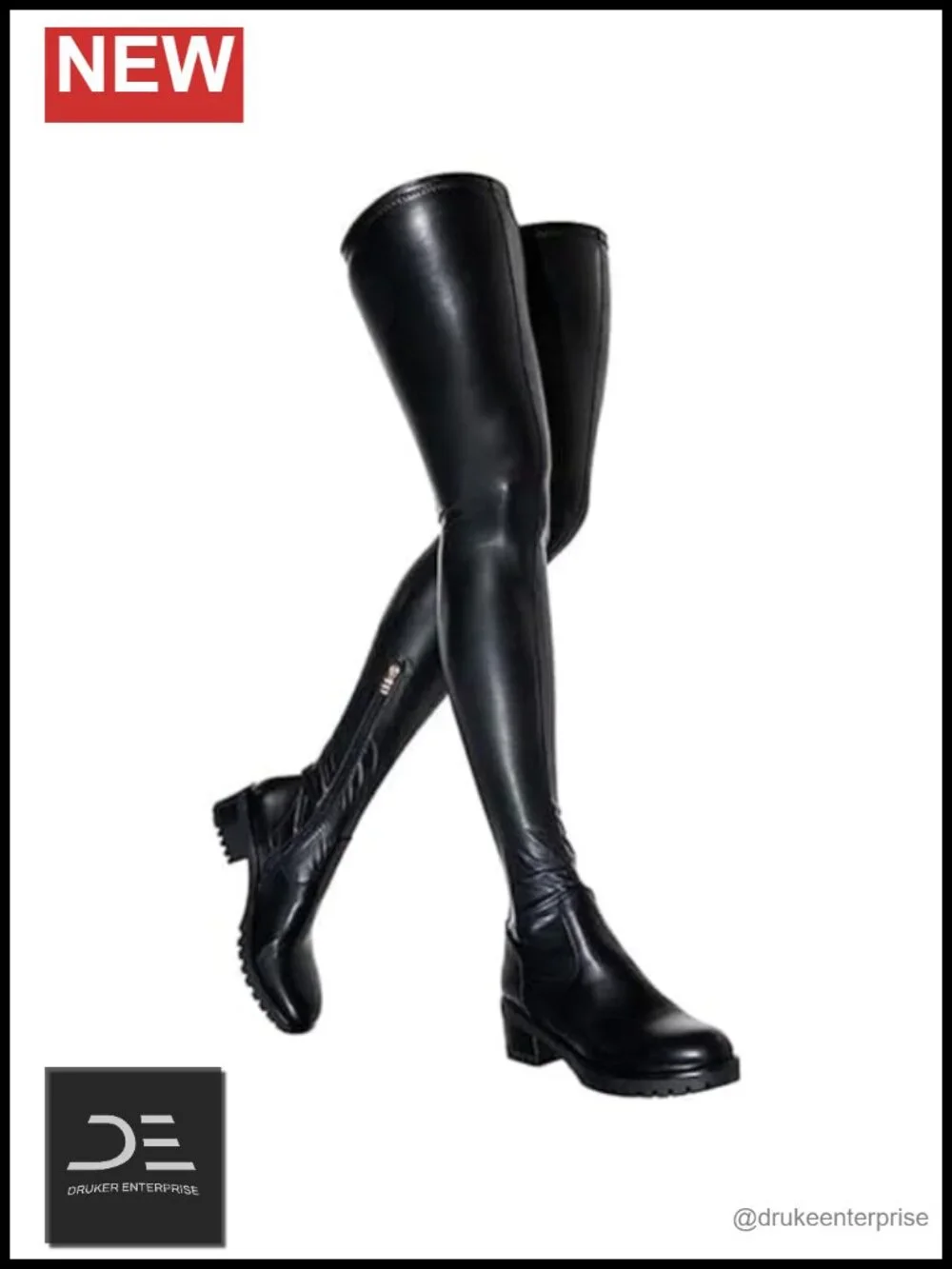 Over the Knee Boots Chunky Heel Slip On Faux Leather Stretch Thigh High